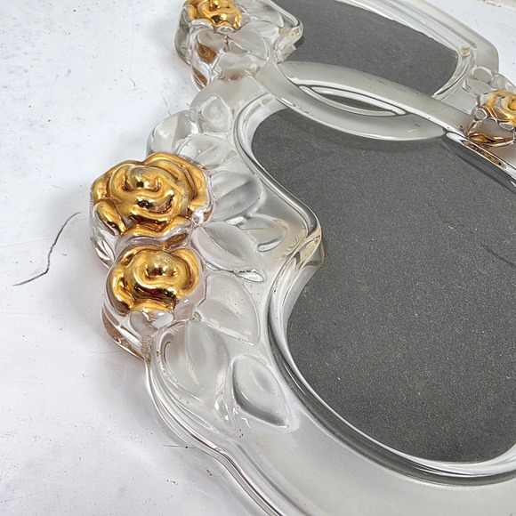 Vtg Mikasa Rosemont Double Heart Picture Frame Glass Crystal Gold Roses 7" x 10" - Picture 8 of 10